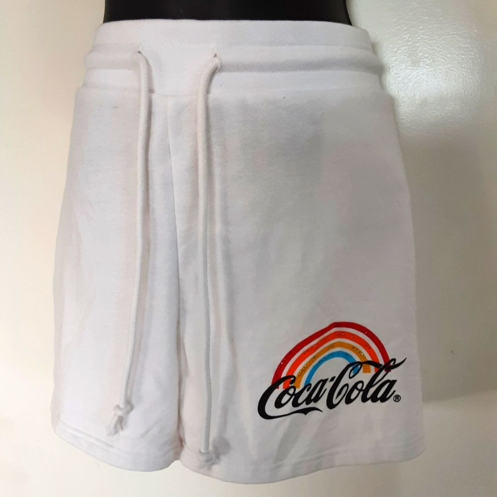 WHITE Coca-Cola Rainbow  Elastic Waist Drawstring Shorts